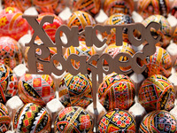 Ukrainian Easter eggs, known as pysankas, are being displayed in Rynok Square ahead of Orthodox Easter on May 5, in Ivano-Frankivsk, Ukraine...