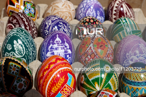 Ukrainian Easter eggs, known as pysankas, are being displayed in Rynok Square ahead of Orthodox Easter on May 5, in Ivano-Frankivsk, Ukraine...