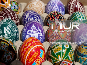 Ukrainian Easter eggs, known as pysankas, are being displayed in Rynok Square ahead of Orthodox Easter on May 5, in Ivano-Frankivsk, Ukraine...