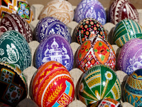 Ukrainian Easter eggs, known as pysankas, are being displayed in Rynok Square ahead of Orthodox Easter on May 5, in Ivano-Frankivsk, Ukraine...