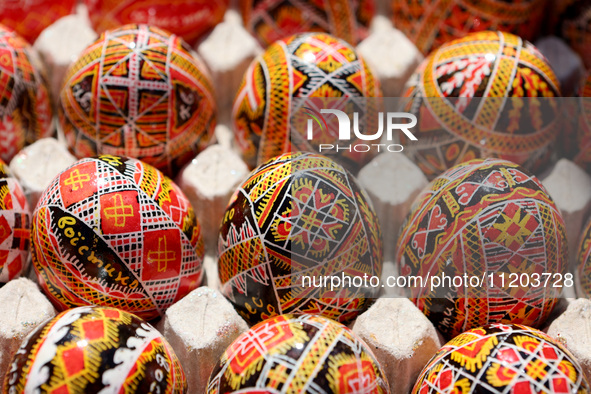 Ukrainian Easter eggs, known as pysankas, are being displayed in Rynok Square ahead of Orthodox Easter on May 5, in Ivano-Frankivsk, Ukraine...