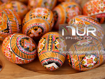 Ukrainian Easter eggs, known as pysankas, are being displayed in Rynok Square ahead of Orthodox Easter on May 5, in Ivano-Frankivsk, Ukraine...