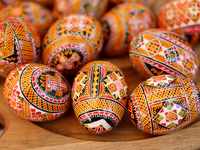 Ukrainian Easter eggs, known as pysankas, are being displayed in Rynok Square ahead of Orthodox Easter on May 5, in Ivano-Frankivsk, Ukraine...