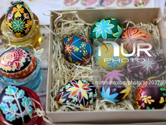 Ukrainian Easter eggs, known as pysankas, are being displayed in Rynok Square ahead of Orthodox Easter on May 5, in Ivano-Frankivsk, Ukraine...