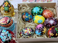 Ukrainian Easter eggs, known as pysankas, are being displayed in Rynok Square ahead of Orthodox Easter on May 5, in Ivano-Frankivsk, Ukraine...