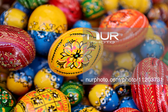 Ukrainian Easter eggs, known as pysankas, are being displayed in Rynok Square ahead of Orthodox Easter on May 5, in Ivano-Frankivsk, Ukraine...