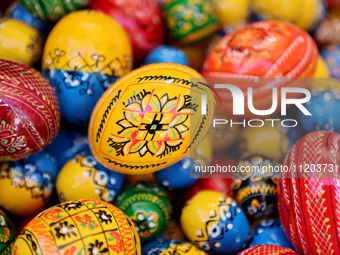 Ukrainian Easter eggs, known as pysankas, are being displayed in Rynok Square ahead of Orthodox Easter on May 5, in Ivano-Frankivsk, Ukraine...