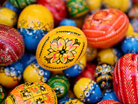 Ukrainian Easter eggs, known as pysankas, are being displayed in Rynok Square ahead of Orthodox Easter on May 5, in Ivano-Frankivsk, Ukraine...