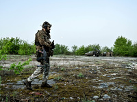 A serviceman from the Steppe Wolves all-volunteer unit is being pictured in Zaporizhzhia Region, southeastern Ukraine, on April 27, 2024. NO...