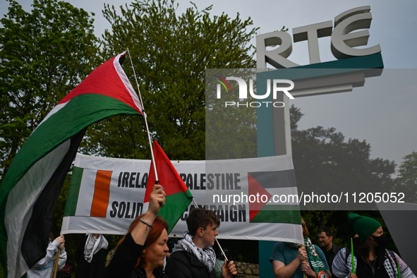 DUBLIN, IRELAND - MAY 2:
Pro-Palestinian activists and Irish musicians stand in solidarity outside RTE's studios, urging Ireland's national...