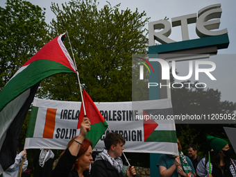 DUBLIN, IRELAND - MAY 2:
Pro-Palestinian activists and Irish musicians stand in solidarity outside RTE's studios, urging Ireland's national...