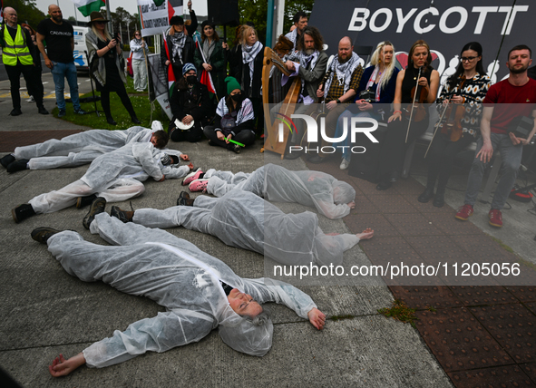 DUBLIN, IRELAND - MAY 2:
Pro-Palestinian activists and Irish musicians stand in solidarity outside RTE's studios, urging Ireland's national...