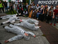 DUBLIN, IRELAND - MAY 2:
Pro-Palestinian activists and Irish musicians stand in solidarity outside RTE's studios, urging Ireland's national...