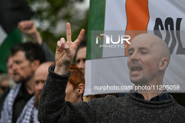 DUBLIN, IRELAND - MAY 2:
Pro-Palestinian activists and Irish musicians stand in solidarity outside RTE's studios, urging Ireland's national...