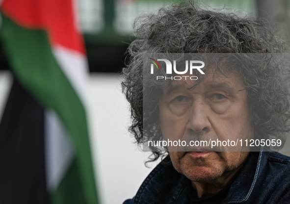 DUBLIN, IRELAND - MAY 2:
Irish actor Stephen Rea stands in solidarity outside RTE's studios, urging Ireland's national broadcaster to boycot...