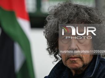 DUBLIN, IRELAND - MAY 2:
Irish actor Stephen Rea stands in solidarity outside RTE's studios, urging Ireland's national broadcaster to boycot...