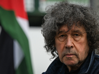 DUBLIN, IRELAND - MAY 2:
Irish actor Stephen Rea stands in solidarity outside RTE's studios, urging Ireland's national broadcaster to boycot...