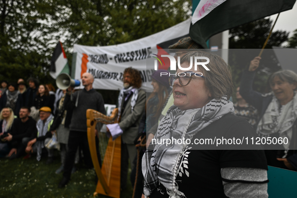 DUBLIN, IRELAND - MAY 2:
Pro-Palestinian activists and Irish musicians stand in solidarity outside RTE's studios, urging Ireland's national...