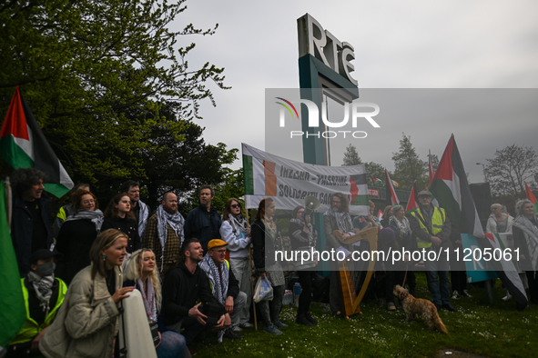 DUBLIN, IRELAND - MAY 2:
Pro-Palestinian activists and Irish musicians stand in solidarity outside RTE's studios, urging Ireland's national...