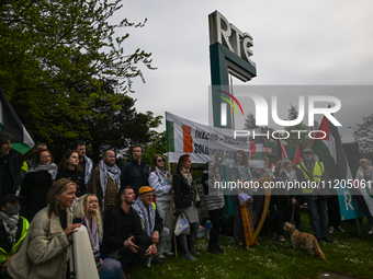 DUBLIN, IRELAND - MAY 2:
Pro-Palestinian activists and Irish musicians stand in solidarity outside RTE's studios, urging Ireland's national...