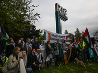 DUBLIN, IRELAND - MAY 2:
Pro-Palestinian activists and Irish musicians stand in solidarity outside RTE's studios, urging Ireland's national...