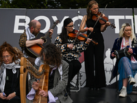 DUBLIN, IRELAND - MAY 2:
Irish musicians stand in solidarity outside RTE's studios, urging Ireland's national broadcaster to boycott the 202...