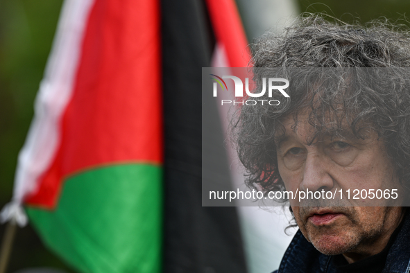 DUBLIN, IRELAND - MAY 2:
Irish actor Stephen Rea stands in solidarity outside RTE's studios, urging Ireland's national broadcaster to boycot...