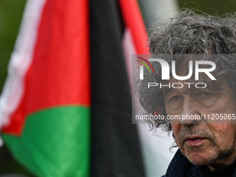 DUBLIN, IRELAND - MAY 2:
Irish actor Stephen Rea stands in solidarity outside RTE's studios, urging Ireland's national broadcaster to boycot...