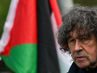 DUBLIN, IRELAND - MAY 2:
Irish actor Stephen Rea stands in solidarity outside RTE's studios, urging Ireland's national broadcaster to boycot...