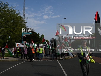 DUBLIN, IRELAND - MAY 2:
A small group of Pro-Palestinian activists and Irish musicians  stand in solidarity outside RTE's studios, urging I...