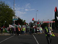 DUBLIN, IRELAND - MAY 2:
A small group of Pro-Palestinian activists and Irish musicians  stand in solidarity outside RTE's studios, urging I...