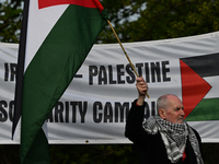 DUBLIN, IRELAND - MAY 2:
Pro-Palestinian activist stands in solidarity outside RTE's studios, urging Ireland's national broadcaster to boyco...