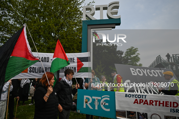 DUBLIN, IRELAND - MAY 2:
Pro-Palestinian activists and Irish musicians stand in solidarity outside RTE's studios, urging Ireland's national...