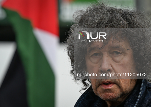 DUBLIN, IRELAND - MAY 2:
Irish actor Stephen Rea stands in solidarity outside RTE's studios, urging Ireland's national broadcaster to boycot...