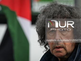 DUBLIN, IRELAND - MAY 2:
Irish actor Stephen Rea stands in solidarity outside RTE's studios, urging Ireland's national broadcaster to boycot...