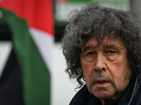 DUBLIN, IRELAND - MAY 2:
Irish actor Stephen Rea stands in solidarity outside RTE's studios, urging Ireland's national broadcaster to boycot...