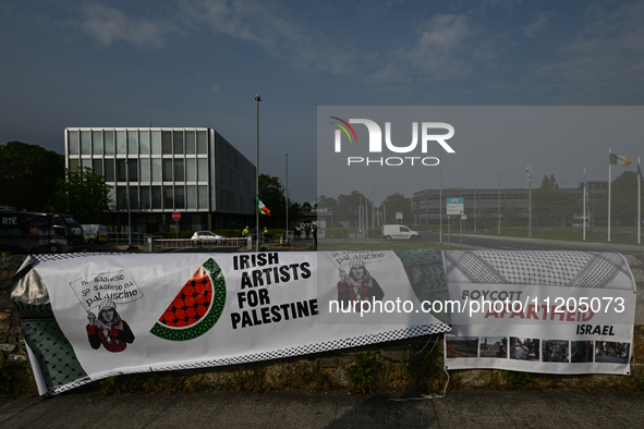 DUBLIN, IRELAND - MAY 2:
Placard left by pro-Palestinian activists and Irish musicians who stand in solidarity outside RTE's studios, urging...