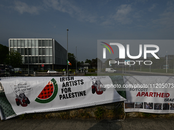 DUBLIN, IRELAND - MAY 2:
Placard left by pro-Palestinian activists and Irish musicians who stand in solidarity outside RTE's studios, urging...