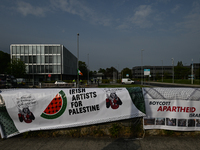 DUBLIN, IRELAND - MAY 2:
Placard left by pro-Palestinian activists and Irish musicians who stand in solidarity outside RTE's studios, urging...