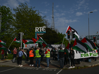 DUBLIN, IRELAND - MAY 2:
A small group of Pro-Palestinian activists and Irish musicians  stand in solidarity outside RTE's studios, urging I...