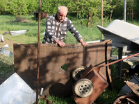 A 75-year-old local resident, Anatolii Staroselets, is suffering from injuries caused by Russian shelling with KAB guided aerial bombs in De...