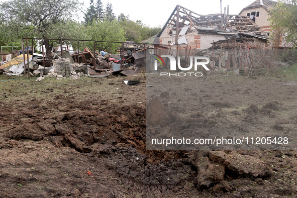 A crater is being caused by Russian shelling with KAB guided aerial bombs in the yard of a private house in Derhachi, Kharkiv Region, northe...