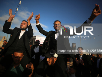 Displaced Palestinians are attending a mass wedding ceremony in Khan Yunis, in the southern Gaza Strip, on May 3, 2024, amid the ongoing con...