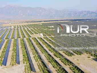 A drone is capturing images of photovoltaic power stations on both sides of the Beijing-Wei Expressway in Zhangjiakou, Hebei Province, China...