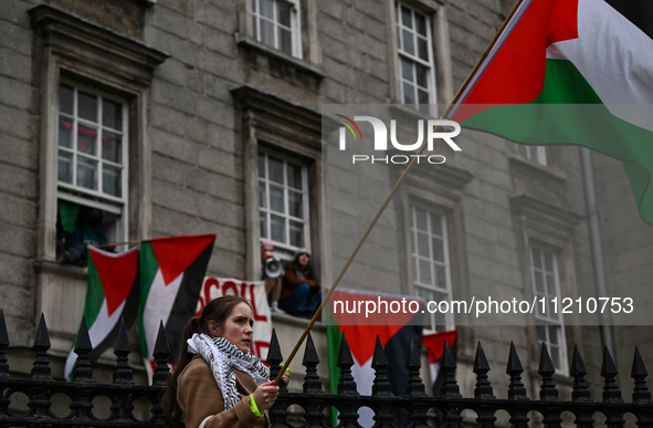 DUBLIN, IRELAND - MAY 4:
Pro-Palestinian activists gather outside Trinity College Dublin in solidarity with student protests inside, reaffir...