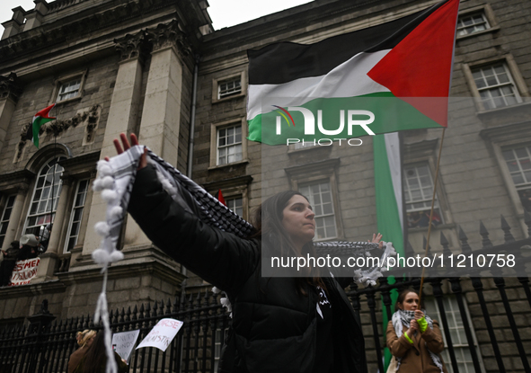 DUBLIN, IRELAND - MAY 4:
Pro-Palestinian activists gather outside Trinity College Dublin in solidarity with student protests inside, reaffir...