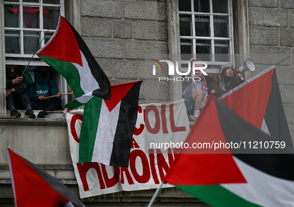 DUBLIN, IRELAND - MAY 4:
Pro-Palestinian activists gather outside Trinity College Dublin in solidarity with student protests inside, reaffir...