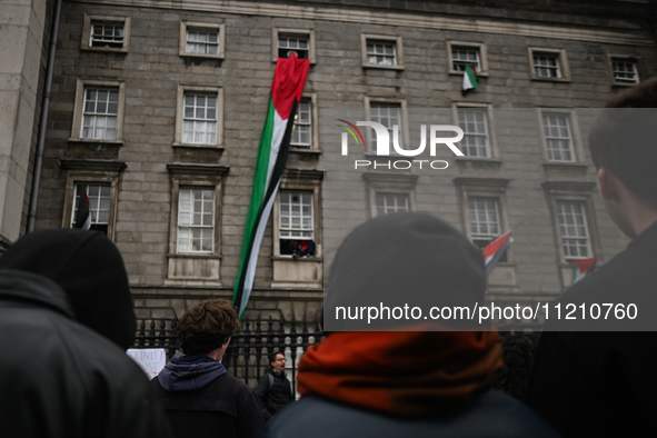 DUBLIN, IRELAND - MAY 4:
Pro-Palestinian activists gather outside Trinity College Dublin in solidarity with student protests inside, reaffir...