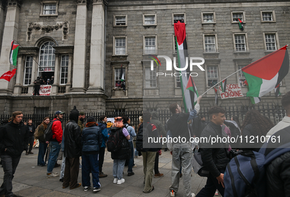 DUBLIN, IRELAND - MAY 4:
Pro-Palestinian activists gather outside Trinity College Dublin in solidarity with student protests inside, reaffir...