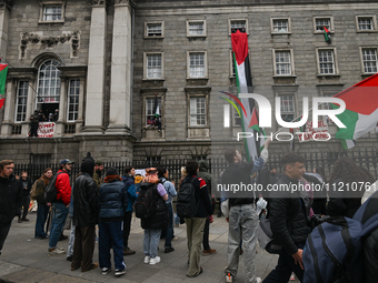 DUBLIN, IRELAND - MAY 4:
Pro-Palestinian activists gather outside Trinity College Dublin in solidarity with student protests inside, reaffir...